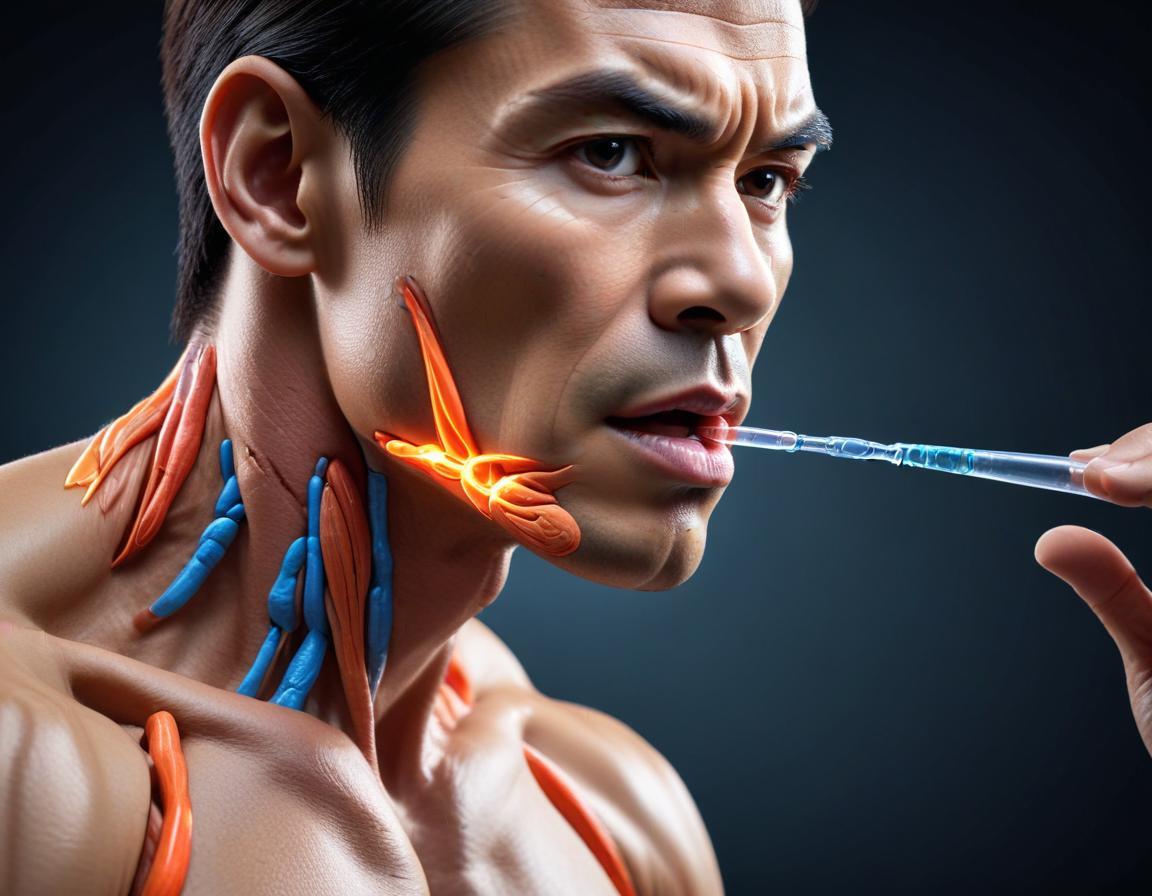 รายละเอียดของภาพ: โฟโต้ถ่ายความละเอียดสูงแสดงการทำงานของ Botox ภายในกล้ามเนื้อ แสดงถึงความสมดุลอ่อนโยนระหว่างวิทยาศาสตร์และศิลปกรรมในการทำรายเล