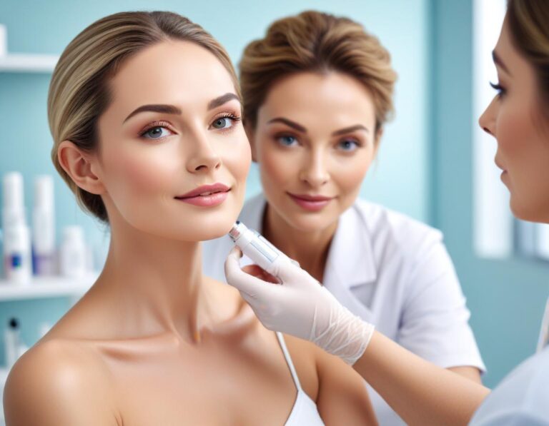 คลินิกความงาม ปรึกษา ฟิลเลอร์ เลือก สูตร ดีที่สุด จาก แผ่นสวอชต์ ผู้ป่วย และ แพทย์ กำลัง ดู กราฟ เปรียบเทียบ