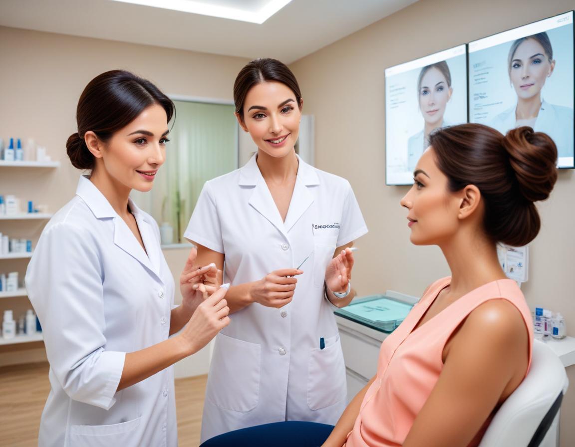 ผู้ป่วย กับ แพทย์ ผิวหนัง กำลัง ประเมิน ดวงตา และ ใต้ตา อย่าง ระมัดระวัง เพื่อ ความไว้วางใจ ด้วย ข้อมูลครบถ้วน