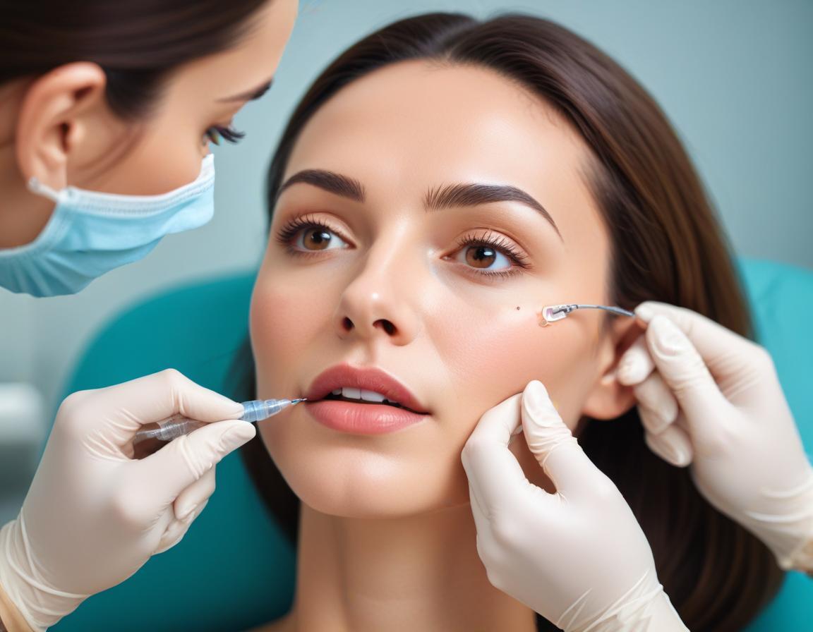 ภาพถ่ายใกล้ชิด บุคคลหลังฉีดฟิลเลอร์ บวมเล็กน้อย ในคลินิกสะอาด แพทย์สวมถุงมือ ประคบเย็น พร้อม Day 1 Day 3