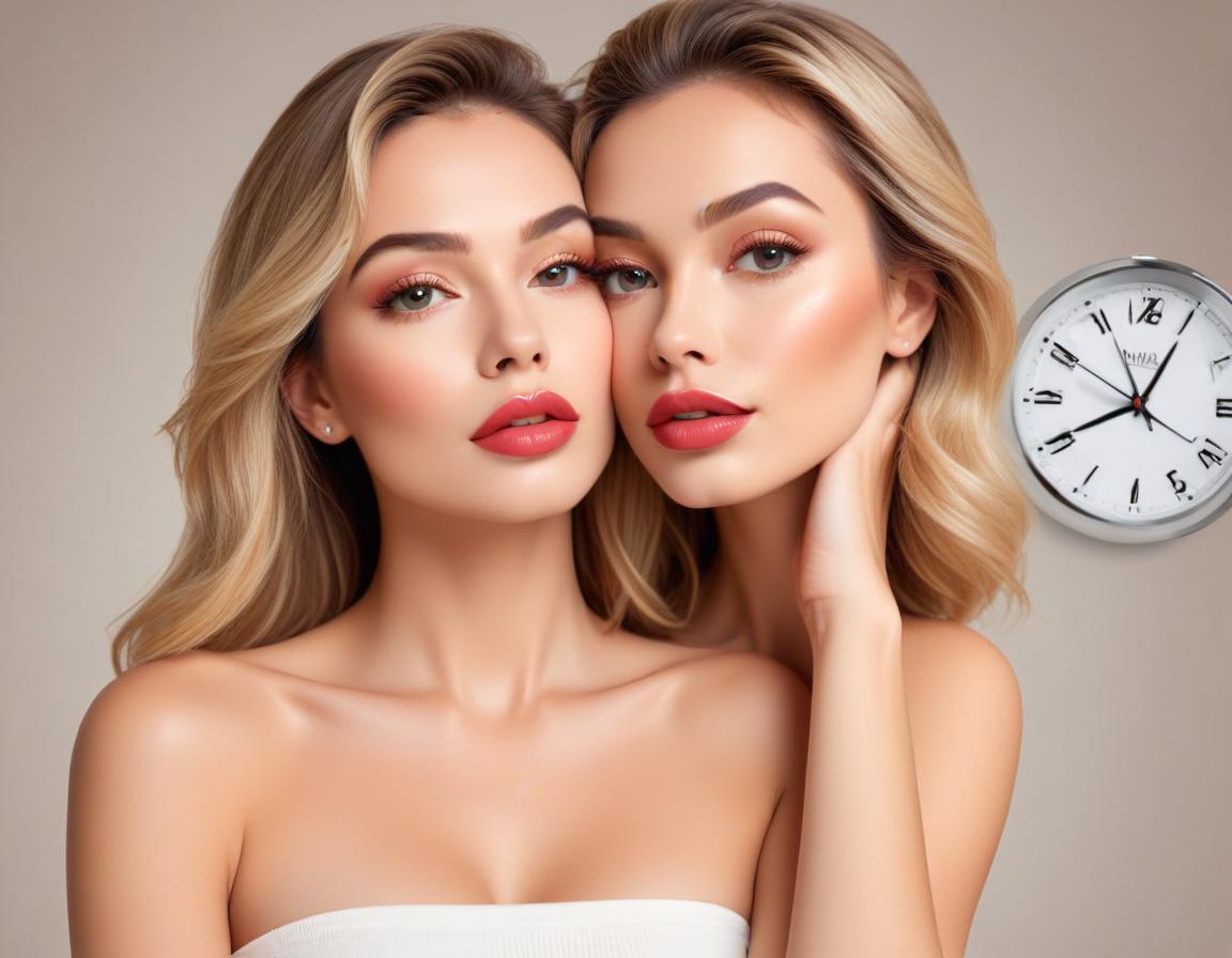 ริมฝีปาก หลังฟิลเลอร์ บวมเล็กน้อย เงางาม ปฏิทินแสดงวัน 0 7 14 28 อยู่เบื้องหลัง ในคลีนิคเรียบง่าย