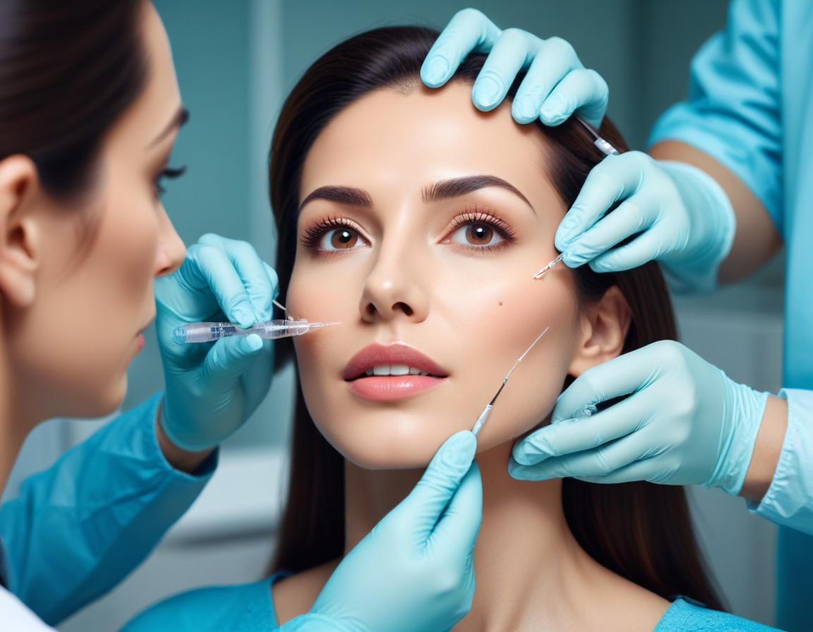 แพทย์ ผิวหนัง ปรึกษา ฟิลเลอร์ ขมับ โต๊ะ มี เข็ม ฟิลเลอร์ A และ B พร้อม โมเดล 3D