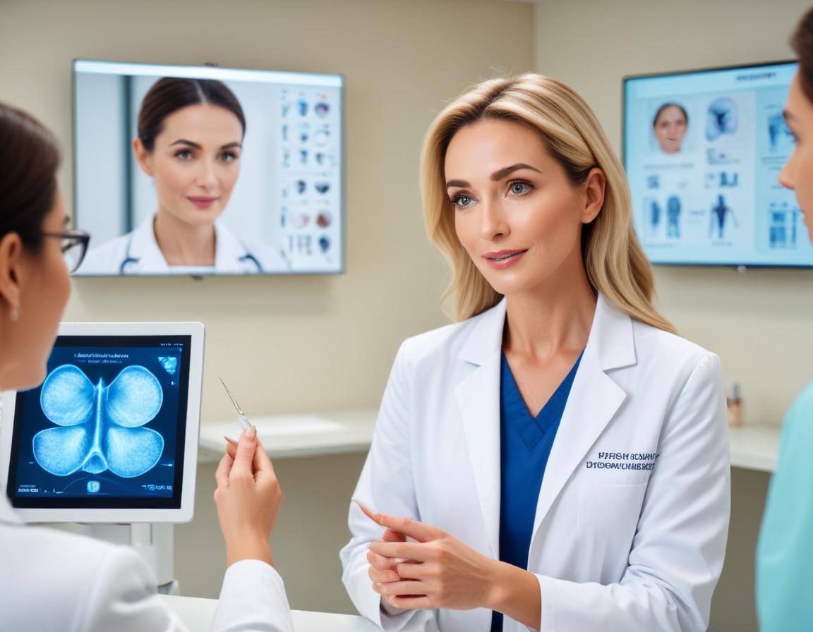 ผู้ป่วยหญิง ใน ห้องตรวจ ความงาม สว่าง เงียบ แพทย์ ผิวหนัง อธิบาย จุด ฉีด ใต้ตา อย่าง ปลอดภัย