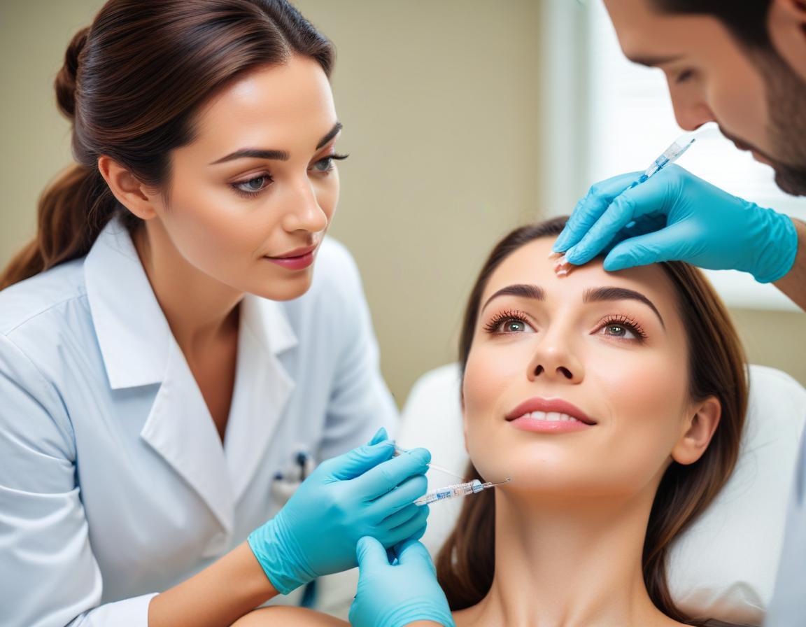 ผู้ป่วย นั่งสงบ ใน คลินิก ความงาม แพทย์ สวมถุงมือ อธิบาย ขั้นตอน ก่อน ฉีด ฟิลเลอร์ ใต้ตา