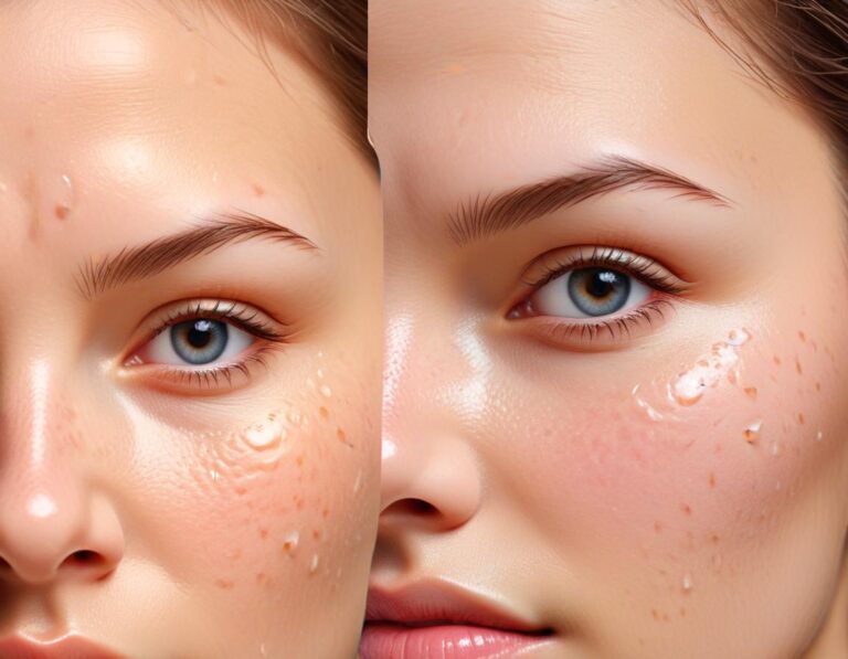 ภาพ ใกล้ชิด ผิว มี รอย สิว และ รูขุมขน กว้าง แพทย์ ถุงมือ หยด เซรั่ม Exfoliant Hydration