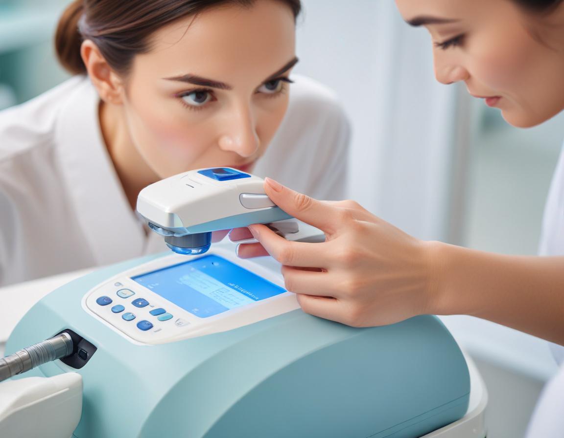 แพทย์ผิวหนัง กำลัง ปรับ ตั้งค่า เลเซอร์ PDL/Vbeam เพื่อ รักษา รอยแดง สิว