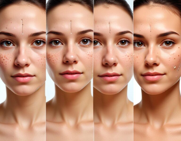 ภาพแมโครแก้มมนุษย์ แสดงรอยสิว boxcar, ice-pick และ rolling พร้อมรูขุมขนชัด สีผิวธรรมชาติ และรอยแดงรอบๆ