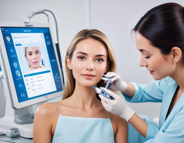 แพทย์ผิวหนังใช้ เลเซอร์ Er:YAG รอย Ice-pick บน แก้ม ผู้ป่วย ผิวมัน ภาพ ใกล้ชิด ชัดเจน