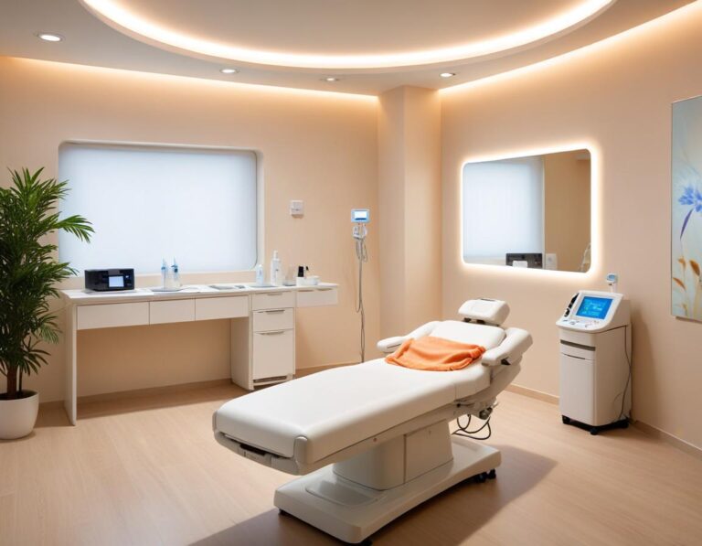 แพทย์ผิวหนัง สวมถุงมือ ใช้ เลเซอร์ Er:YAG บน แก้ม ผู้ป่วย บาง รอย สิว ละเอียด ฟื้นฟู ชัดเจน