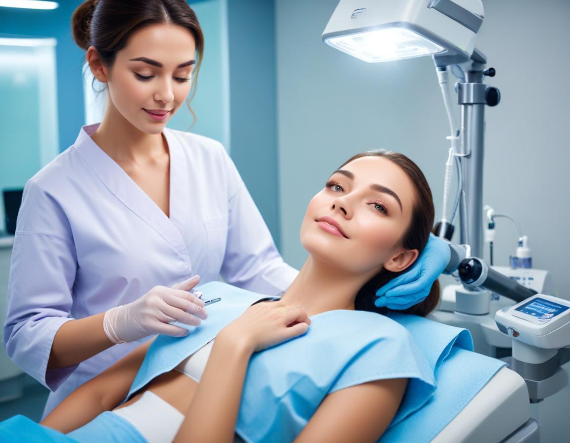 แพทย์ผิวหนัง ใช้ Erbium:YAG ลบหลุมสิว บนแก้ม ผู้ป่วย นุ่มนวล คลินิกสะอาด แสงอินฟราเรดอ่อนๆ รายละเอียดผิวชัด