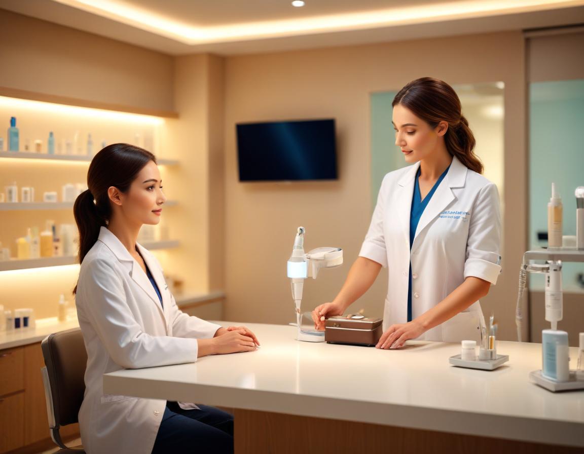 แพทย์ผิวหนัง สวมถุงมือ ปฏิบัติ เลเซอร์ Fractional CO2 บนแก้มผู้ป่วย ผิวละเอียด รูขุมขน รอยสิว สีธรรมชาติ แสงเย็น