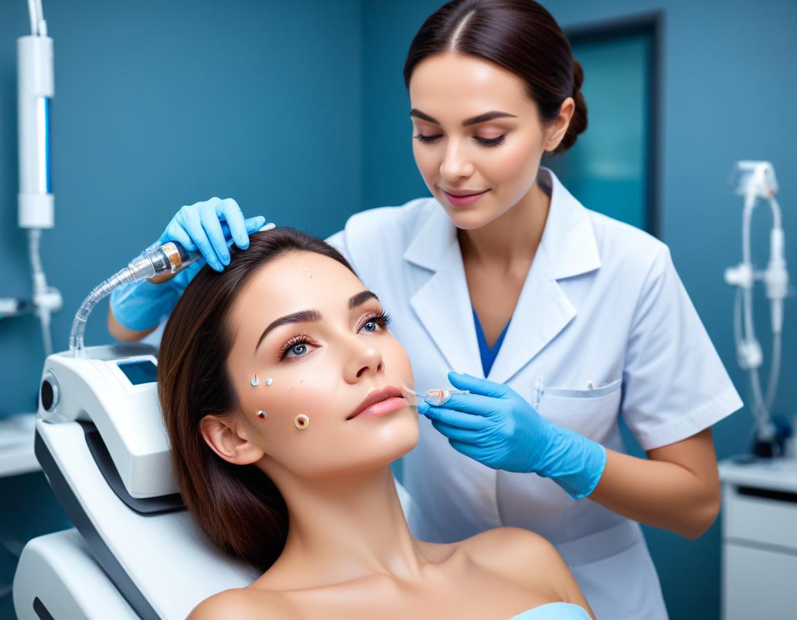 แพทย์ผิวหนังสวมถุงมือสีน้ำเงิน กำลังทำเลเซอร์ CO2 แบบ fractional บนแก้มผู้ป่วย รอยสิวชนิด boxcar และผิวมันเงา แสดงรายละเอียดรูขุมขน ในห้องคลินิกเย็น