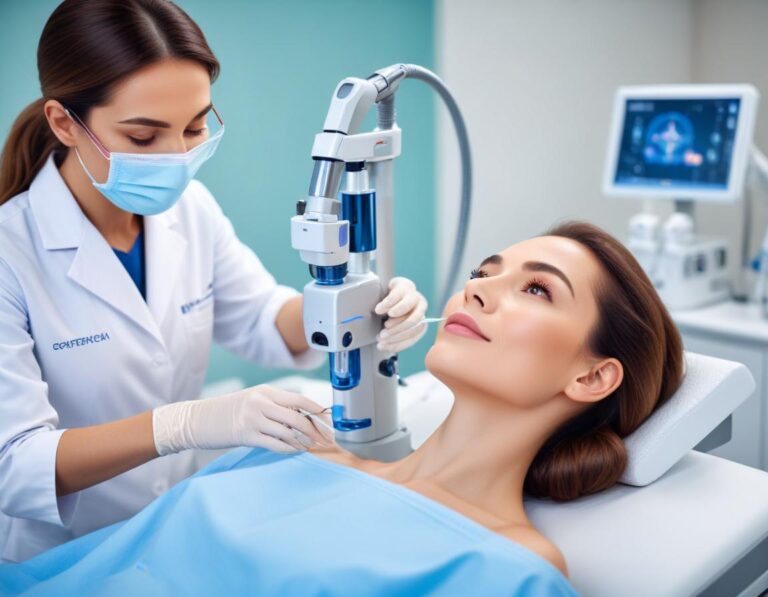 แพทย์ ผิวหนัง ทำ เลเซอร์ Fractional CO2 รอย สิว ลึก บน ใบหน้า แสงแดง ใส่ แว่นตา คลินิก