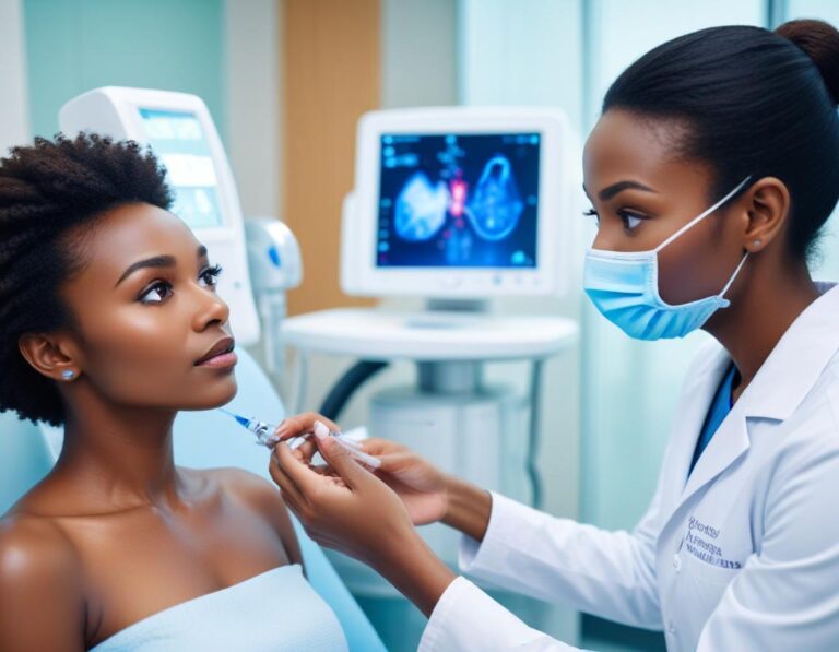 แพทย์ผิวหนัง กำลัง ทำ เลเซอร์ CO2 แบบ fractional บน รอยสิว ลึก ผิวคล้ำ บรรยากาศ คลินิก แม่นยำ ความเหมาะสมต่อผิวคล้ำ