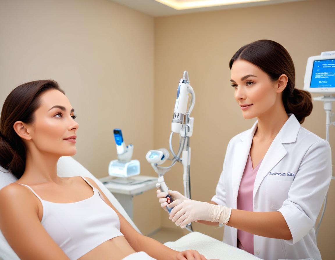 คลินิกผิวหนังทันสมัย แพทย์อธิบาย Fraxel 1550/1927 ให้ผู้ป่วย เชื่อมกับหน้าจอแผนการรักษ และป้ายเครื่อง ใน บรรยากาศ สว่าง แสงคลีนิค มินิมอล