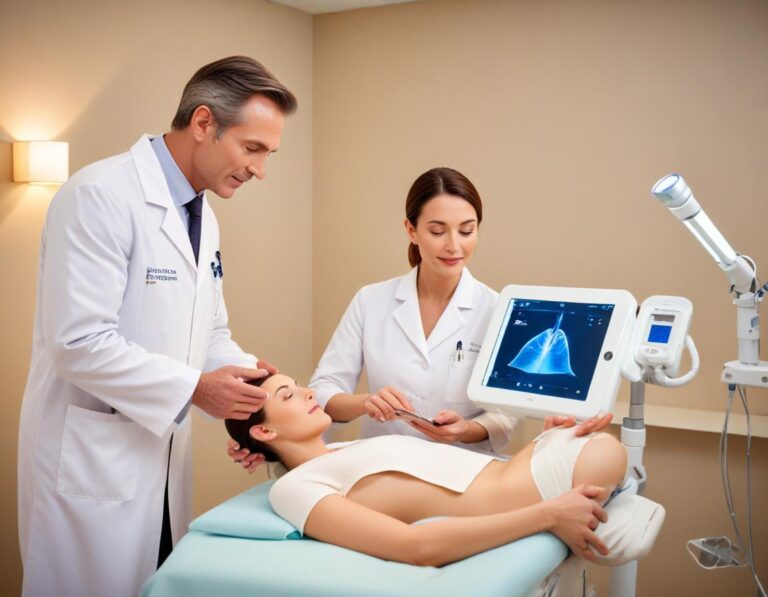 แพทย์ ผิวหนัง ใช้ Fraxel Restore Dual บน แก้ม ผู้ ป่วย ผิว อ่อน-กลาง พร้อม แสง เย็น