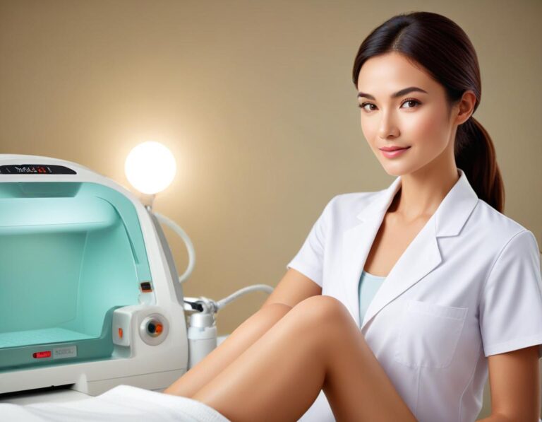 ภาพ close-up ผู้ป่วยผิวมัน ระหว่างรับ Fraxel 1550/1927 แพทย์สวมถุงมือ ถือเลเซอร์ แก้ม ชัดรอยรูขุมขน และรอยแผลเล็ก