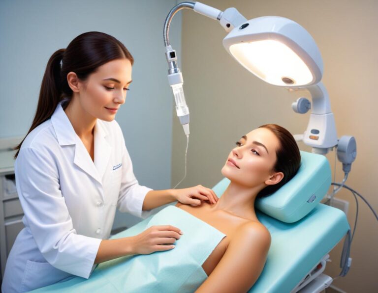 แพทย์ผิวหนังทำ Fraxel 1550/1927 บนแก้มผู้ป่วย ผิวมัน ภาพใกล้ชิด แสงน้ำเงิน เนื้อผิวละเอียด รูขุมขนชัด ภายในคลีนิกสะอาด