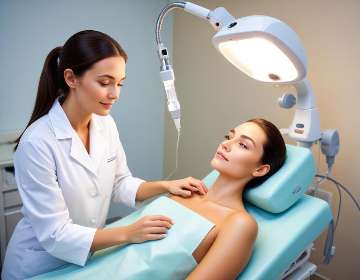 แพทย์ผิวหนังทำ Fraxel 1550/1927 บนแก้มผู้ป่วย ผิวมัน ภาพใกล้ชิด แสงน้ำเงิน เนื้อผิวละเอียด รูขุมขนชัด ภายในคลีนิกสะอาด