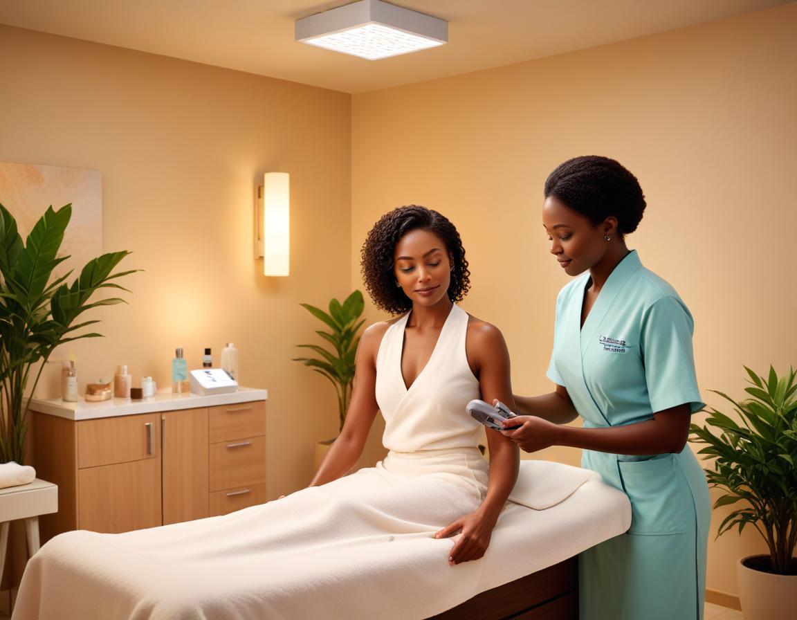 แพทย์ สวมถุงมือ กำลัง พิจารณา Fraxel Dual 1550/1927 บน แก้ม ผู้ ป่วย ผิว คล้ำ อย่าง ระมัดระวัง