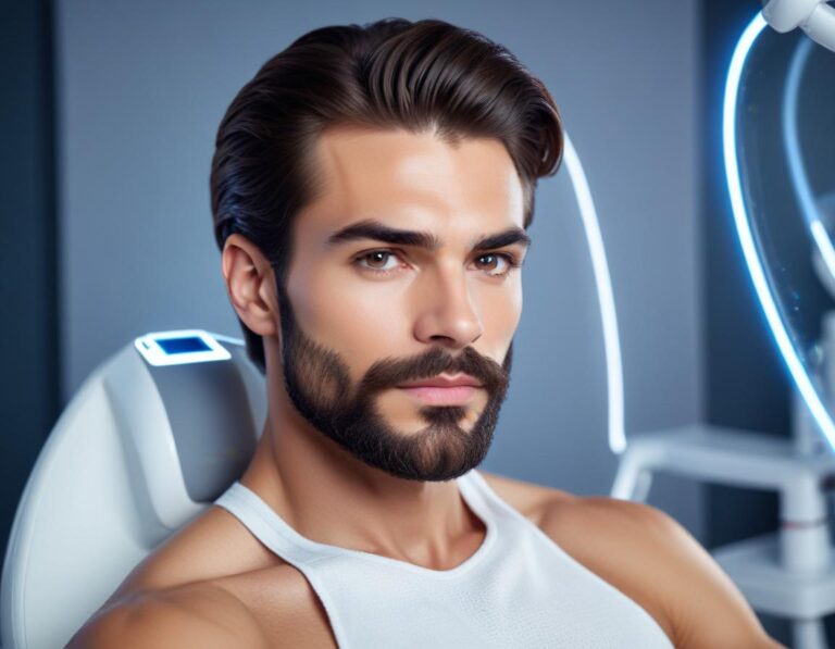 ชาย หนวด หนา ใน ห้องปรึกษาคลินิก กำลัง พิจารณา เลเซอร์ รอย แผล และ ภาพ ก่อนหลัง