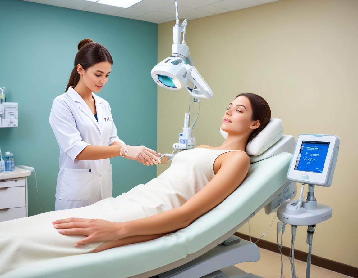 แพทย์ ผิวหนัง ใช้ เลเซอร์ PDL บน แก้ม ผู้ป่วย รอย แดง สิว ใน คลินิก สะอาด