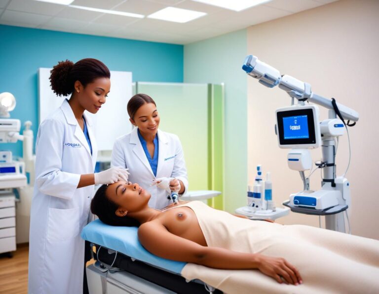 แพทย์ ผิวหนัง สวม ถุงมือ ใช้ เลเซอร์ Vbeam บน แก้ม ผู้ป่วย PIH เน้น รอย สิว รูขุมขน