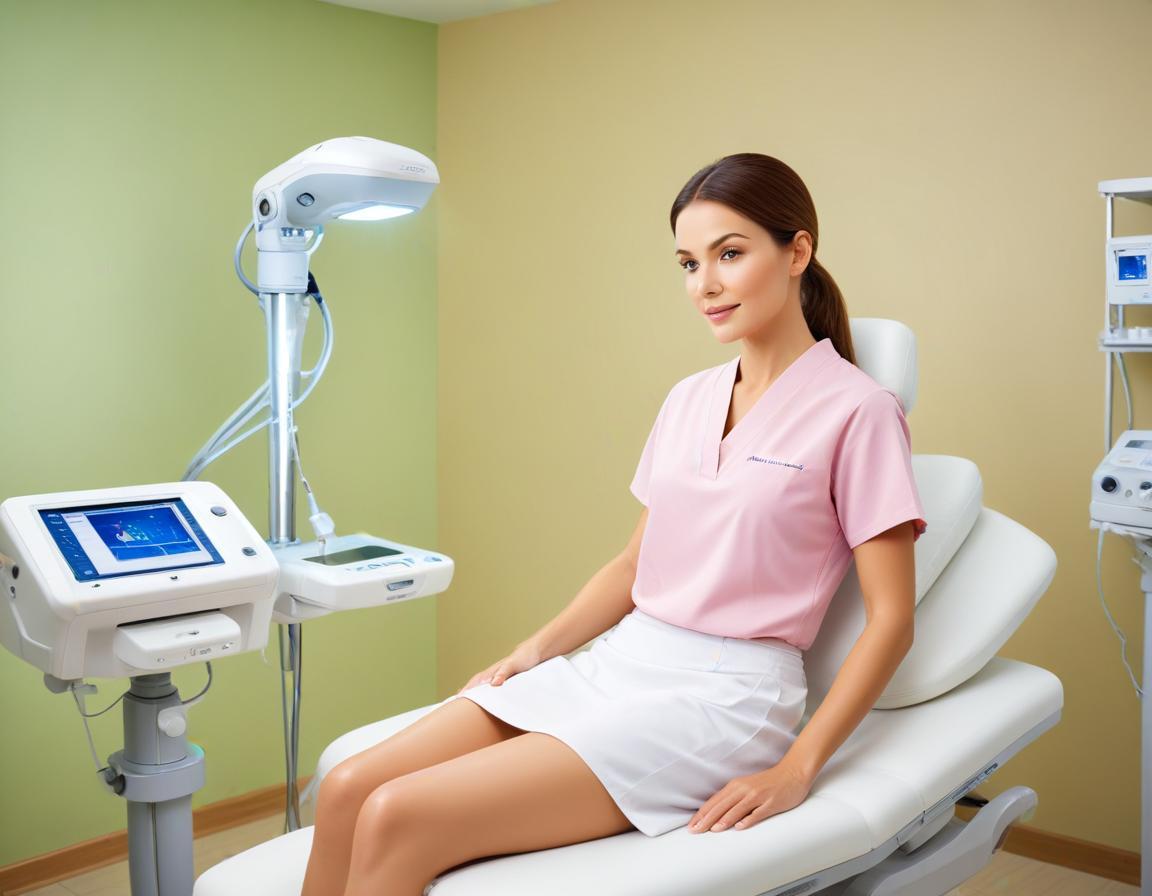 แพทย์สวมถุงมือ ใส่แว่นป้องกัน ใช้เลเซอร์ PDL/Vbeam บริเวณแก้ม ผู้ป่วยผิวผสม แสงแดงนุ่ม โฟกัสสูง บรรยากาศห้องสะอาด การรักษารอยสิวด้วยเลเซอร์ ปลอดภัย