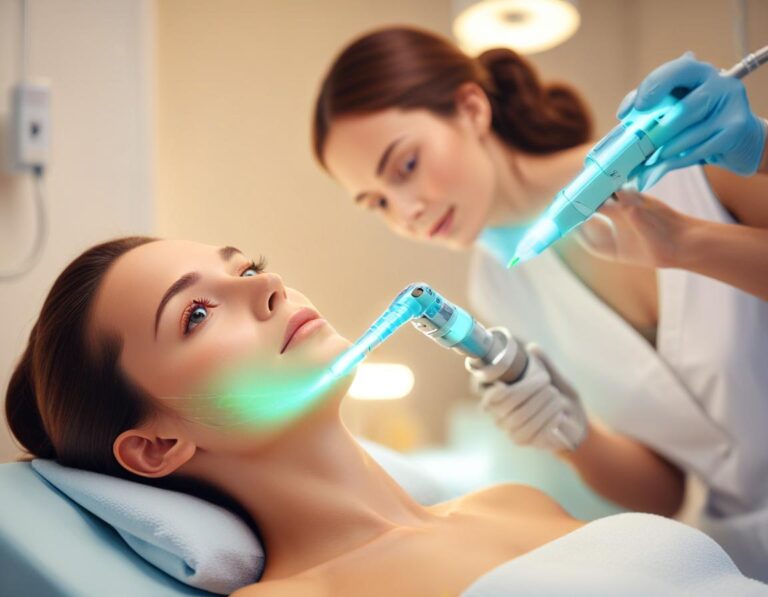 แพทย์ผิวหนังดำเนินการ PDL/Vbeam บนผิวมัน ลดแดง รอยสิว อย่างรวดเร็ว ใน คลินิก ทันสมัย แสดงภาพก่อนหลัง