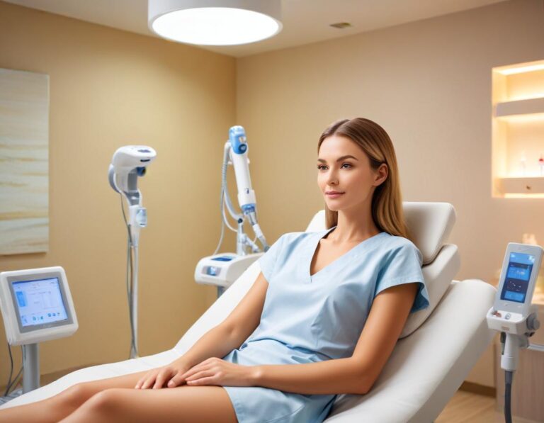 คลินิกผิวหนังทันสมัย แพทย์สาธิต Pico เลเซอร์ รักษารอยสิว ทั่วหน้า ผู้ป่วยอักเสบ จอแสดงก่อนหลัง พร้อม คำว่า รอยสิว สิวอักเสบ