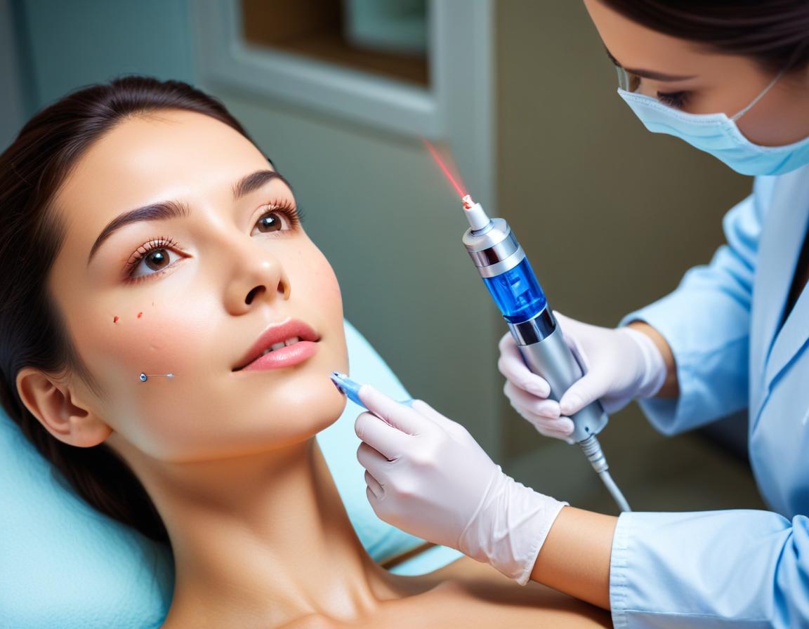 แพทย์ผิวหนัง สวมแว่น ปฏิบัติ Pico laser รักษารอยสิว บนใบหน้าคนไข้ ผิวผสม ในคลินิก ห้องสว่าง