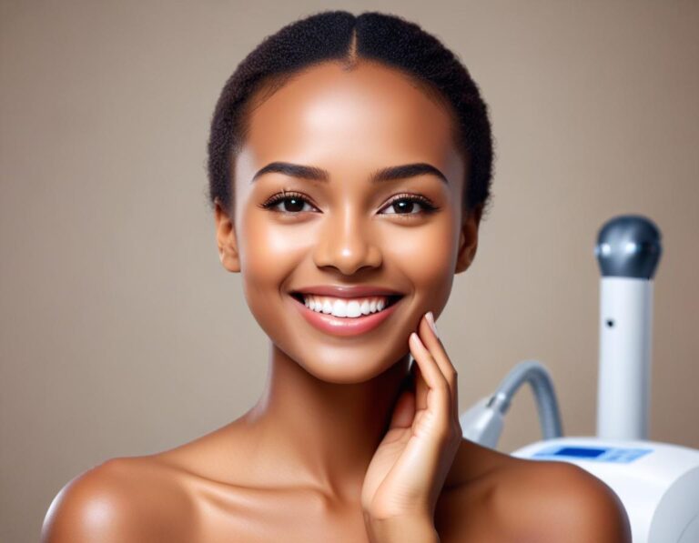 แพทย์ ผิวหนัง อธิบาย Pico เลเซอร์ ใกล้ ผู้ป่วย ผิว เข้ม กับ จอ ก่อน/หลัง แสง ฟ้า