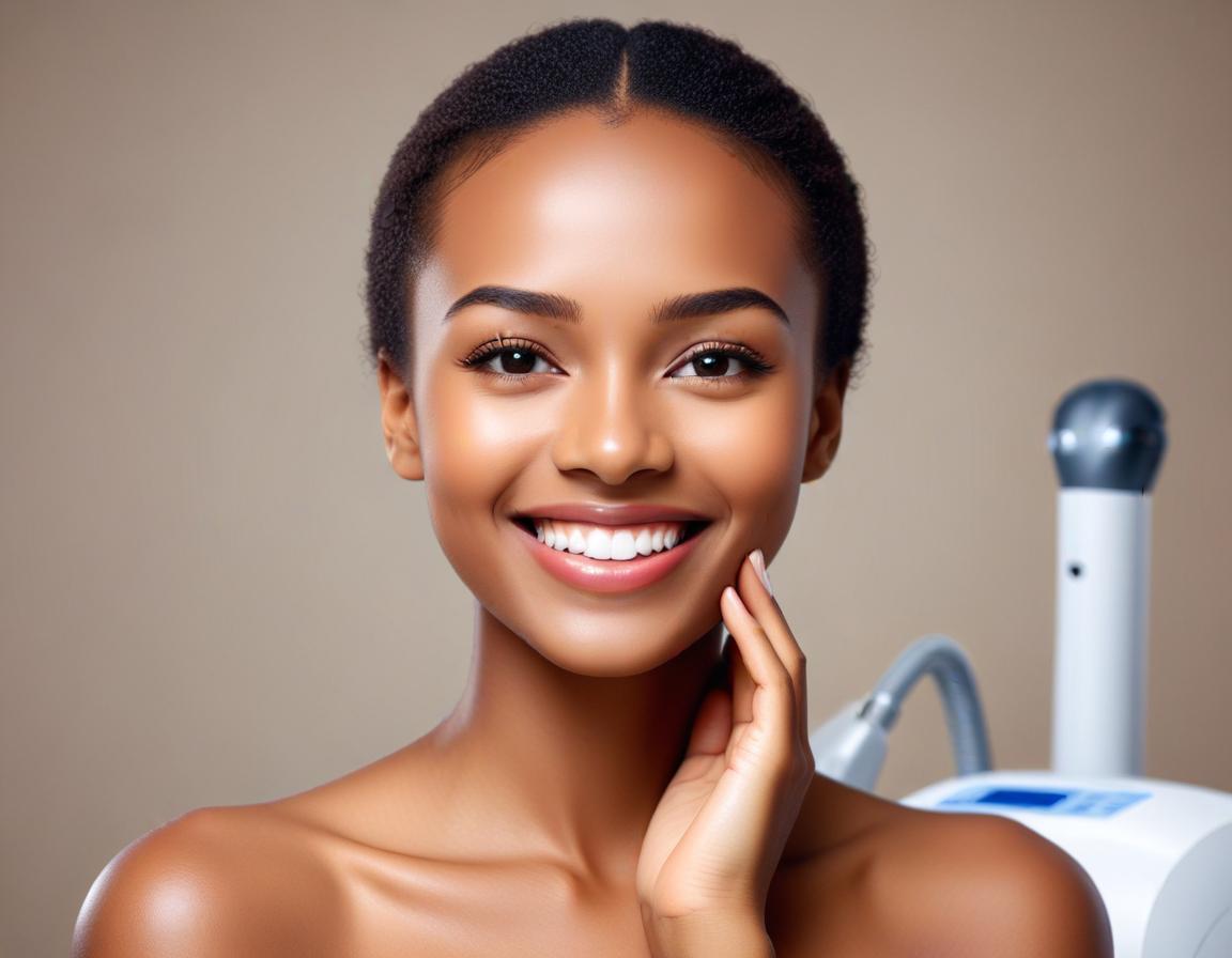 แพทย์ ผิวหนัง อธิบาย Pico เลเซอร์ ใกล้ ผู้ป่วย ผิว เข้ม กับ จอ ก่อน/หลัง แสง ฟ้า