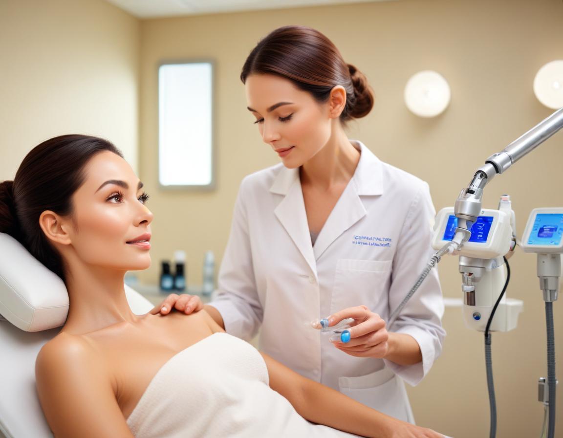 ภาพใกล้ชิด แพทย์ผิวหนัง ใช้พิโกเลเซอร์ ลำแสงสีม่วงอ่อน บนแก้ม ผิวแห้ง รอยสิว ลดลง และ ผิวขรุขระ เรียบเนียน