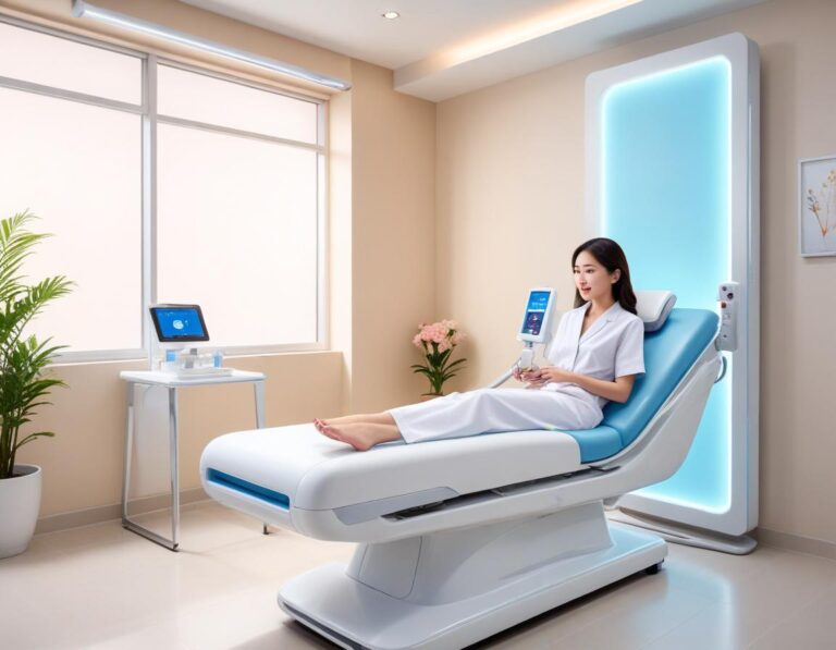 แพทย์ ผิวหนัง ใช้ Pico เลเซอร์ บน ผู้ป่วย บอบบาง แก้ม รอยสิว เล็ก พร้อม พัลส์ สีน้ำเงิน-ขาว