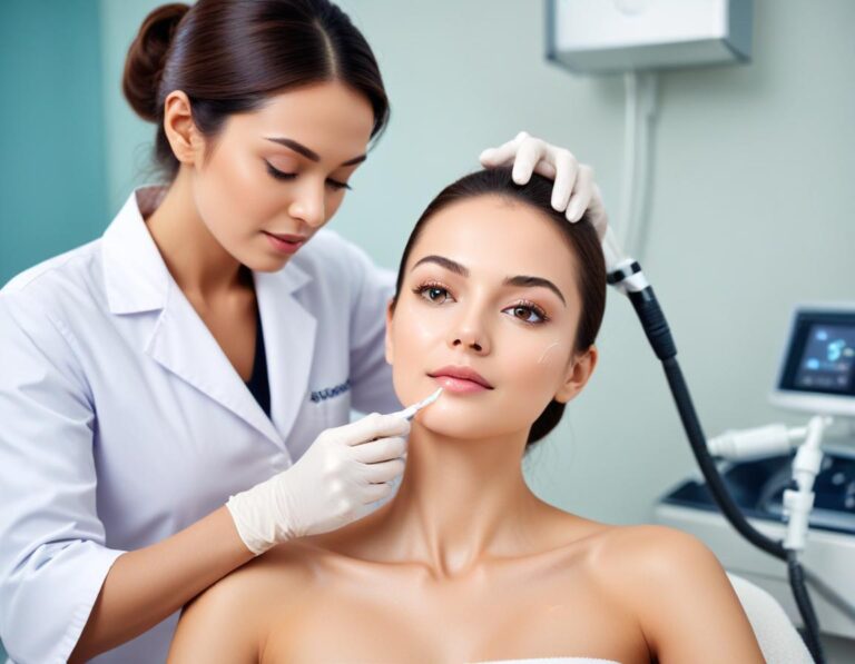 แพทย์ผิวหนัง ใช้ เลเซอร์ Q-Switch Nd:YAG บน แก้ม ผู้ป่วย เพื่อ เน้น รอยแดง และ ผิวแห้ง