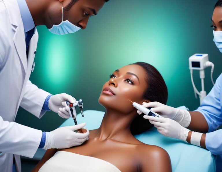 ภาพ คลินิก แพทย์ สวม ถุงมือ ถือ เลเซอร์ Q-Switch Nd:YAG ใกล้ แก้ม ผู้ป่วย Fitzpatrick IV–V PIH