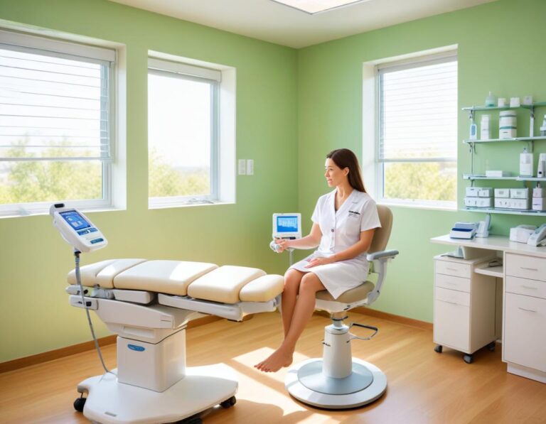 ภาพถ่าย ห้องคลินิก ผิวพรรณสะอาด ล้ำสมัย แพทย์ กำลัง ใช้ Q-Switch Nd:YAG บน รอยสิวอ่อน แก้ม