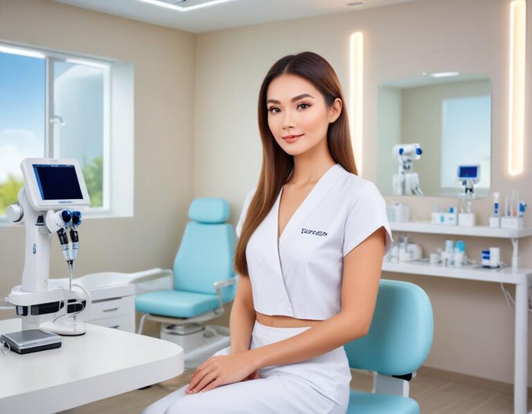 แพทย์ ผิวหนัง สวมถุงมือ หน้ากาก ใช้ เลเซอร์ Q-Switched Nd:YAG บน แก้ม ผู้ ป่วย ห้องคลินิก สะอาด