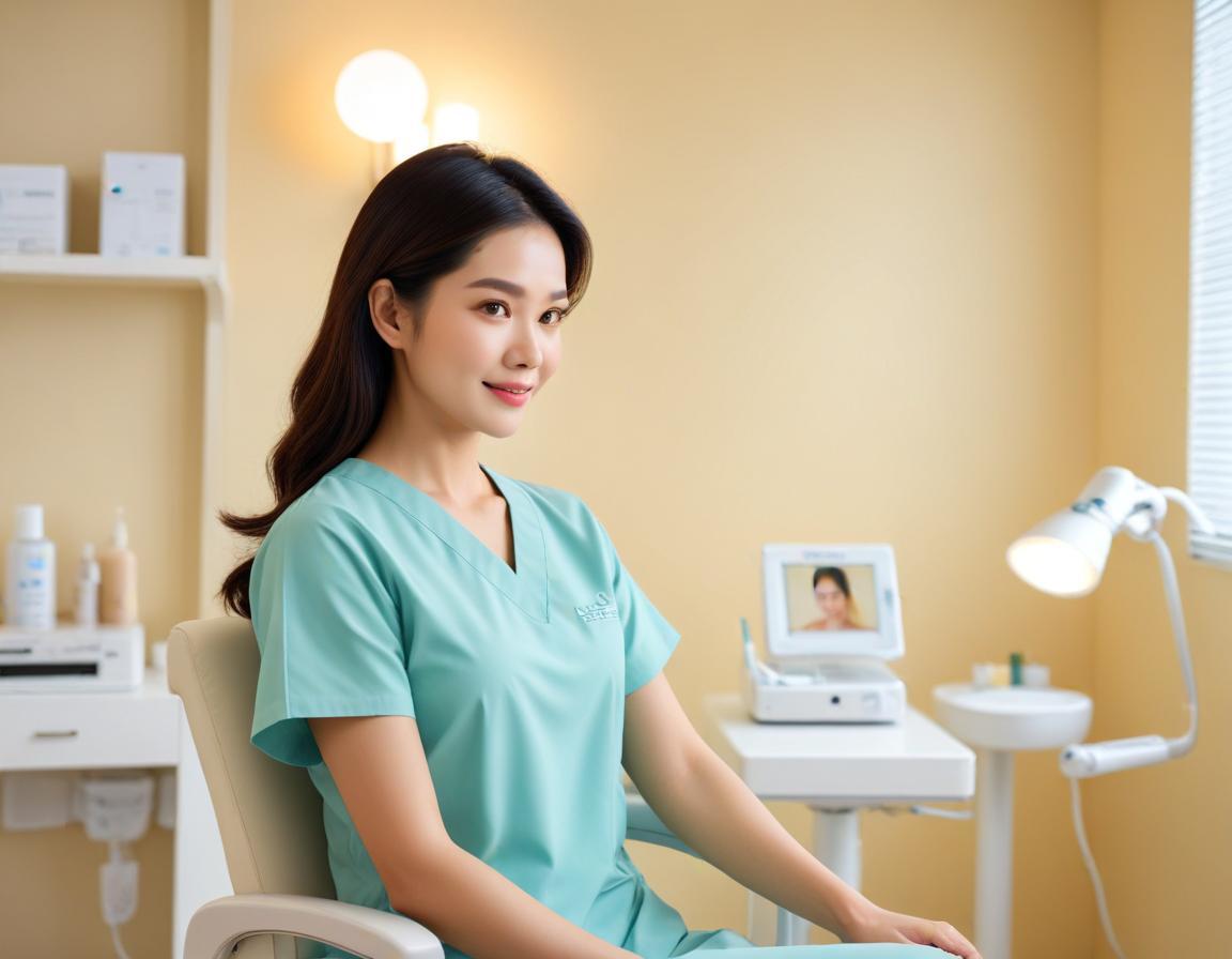 มือแพทย์ สวมถุงมือ กำลัง ใช้ เลเซอร์ Nd:YAG บน แก้ม เพื่อ รักษา รอย สิว ผิวคล้ำ แสง สีน้ำเงิน-ขาว