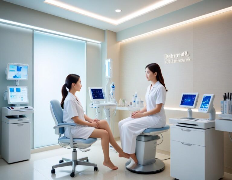 ผู้ป่วย มี รอยแดง เล็ก บน แก้ม ฟัง แพทย์ ผิวหนัง ถือ เลเซอร์ อธิบาย การรักษา คลินิก