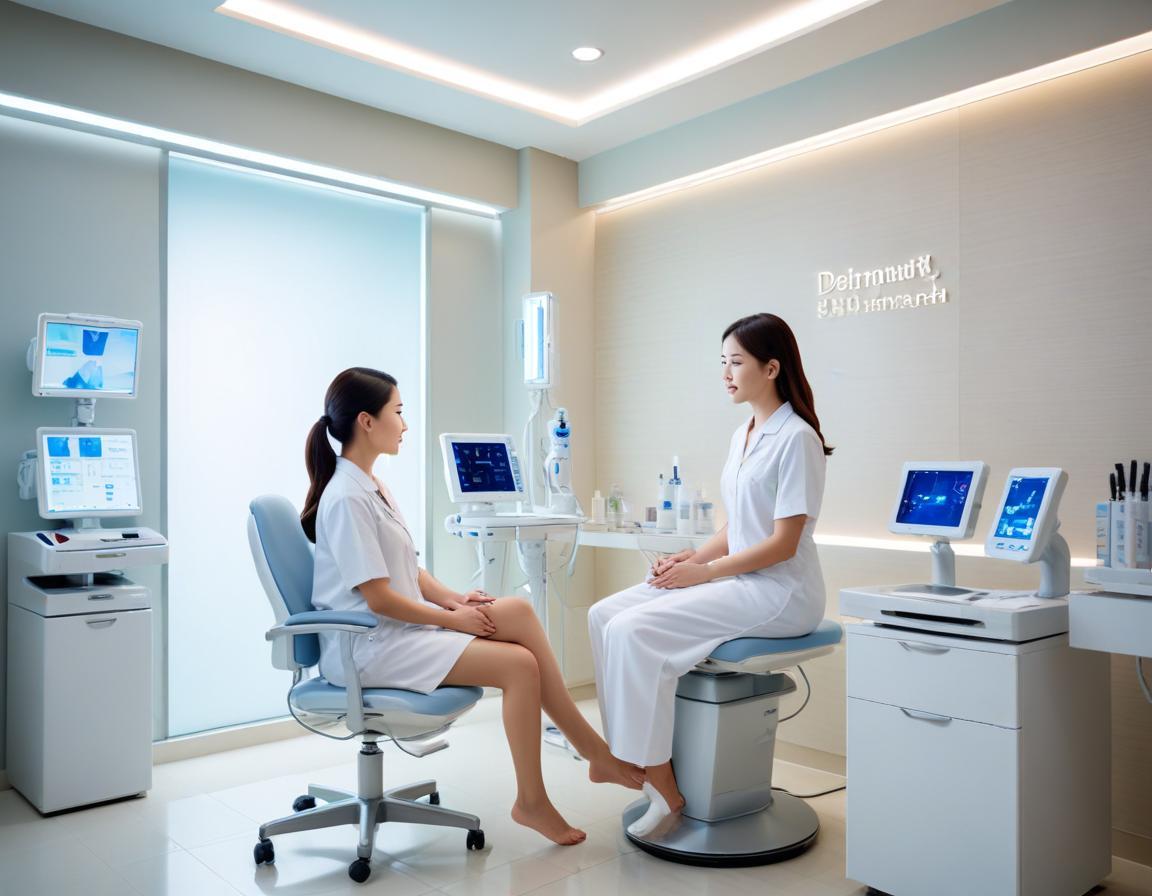 ผู้ป่วย มี รอยแดง เล็ก บน แก้ม ฟัง แพทย์ ผิวหนัง ถือ เลเซอร์ อธิบาย การรักษา คลินิก