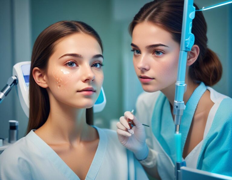 สาววัยรุ่น ผิวมัน มี รอยสิว ในห้องปรึกษา แพทย์ผิวหนัง ชี้ไปที่แท็บเล็ต แผนเลเซอร์ และไทม์ไลน์ บนกำแพง ปฏิทิน และโปสเตอร์ก่อนหลัง