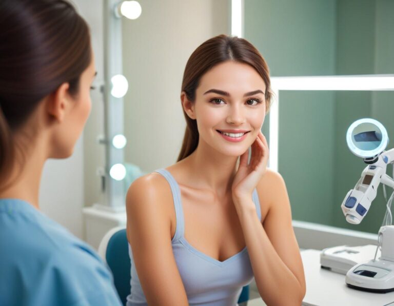 ภาพคู่แบบแยกเฟรม ซ้าย แพทย์ สวมถุงมือ ใช้เลเซอร์ ลดรอยแดง สิว บน แก้ม ด้านขวา ผิว เรียบ เนียน