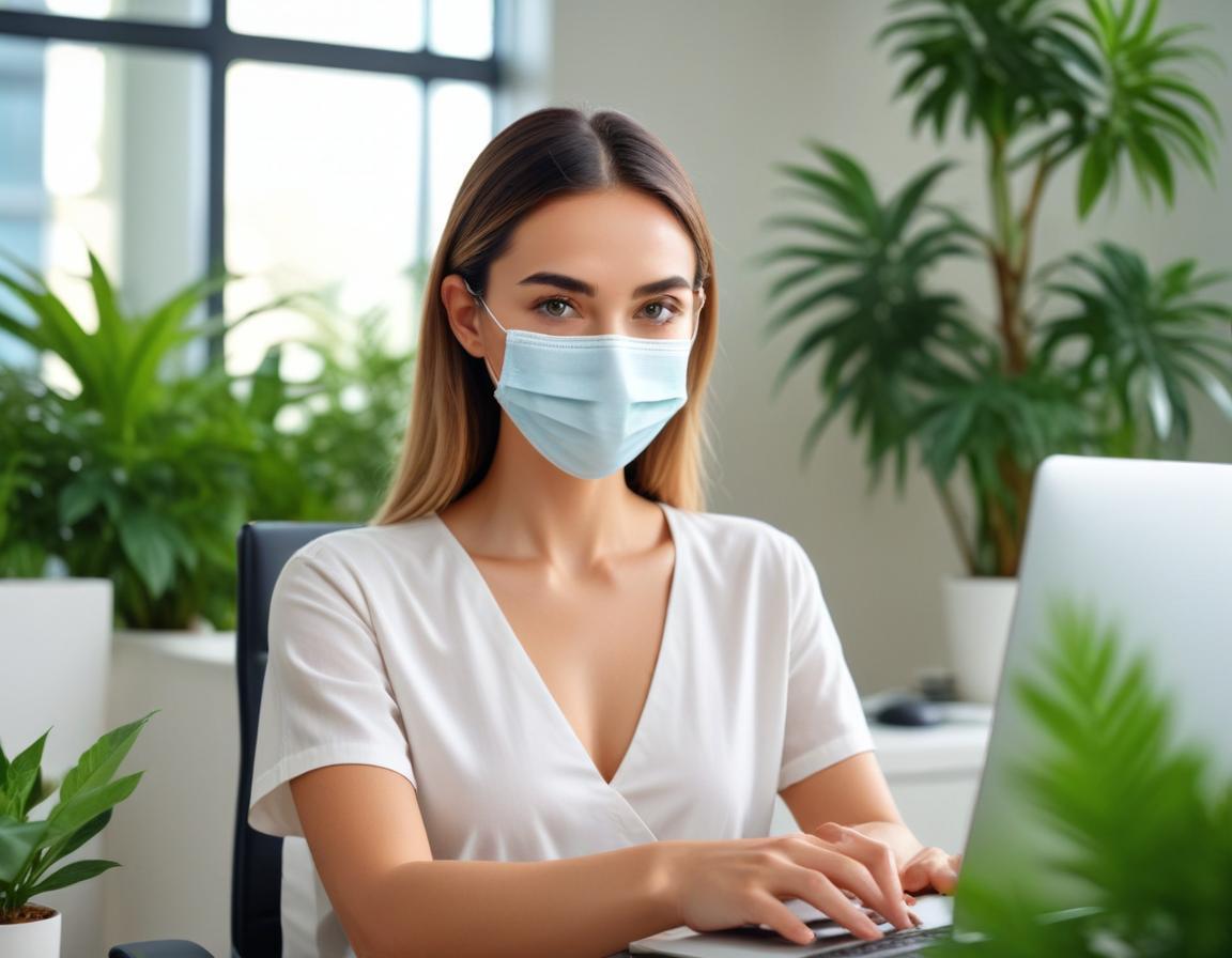 พนักงานไทย สวม หน้ากาก ฟ้า นั่ง กระจก โต๊ะ ดู แท็บเล็ต แสดง ก่อน หลัง เลเซอร์ รอยสิว