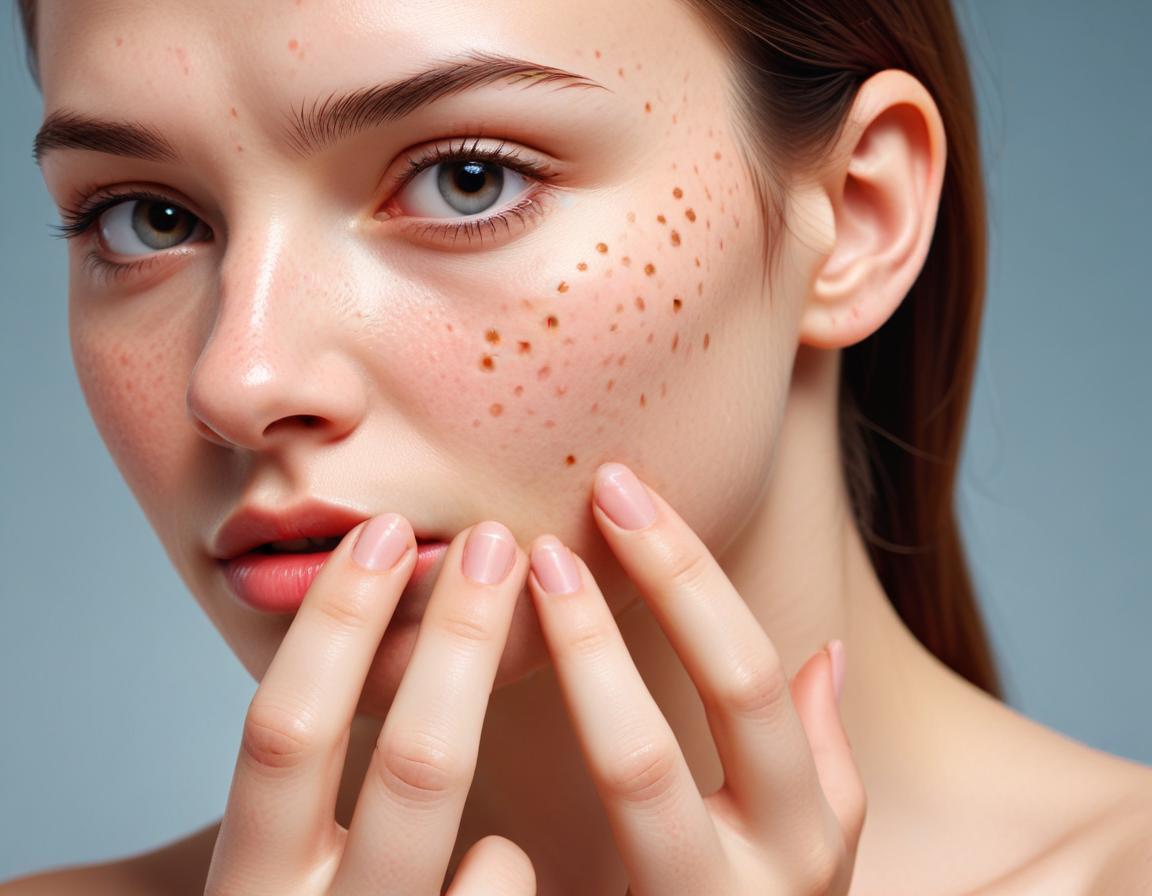 ภาพประกอบ รอยสิว บน ผิว บาง แสดง การ สัมผัส อย่าง อ่อนโยน เพื่อ ป้องกัน การ ระคายเคือง