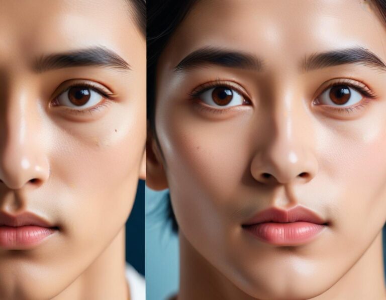 ภาพโคลสอัพของผิวที่ดูอ่อนเยาว์หลังการฉีดโบท็อกซ์ ปีกจมูกและหางตา