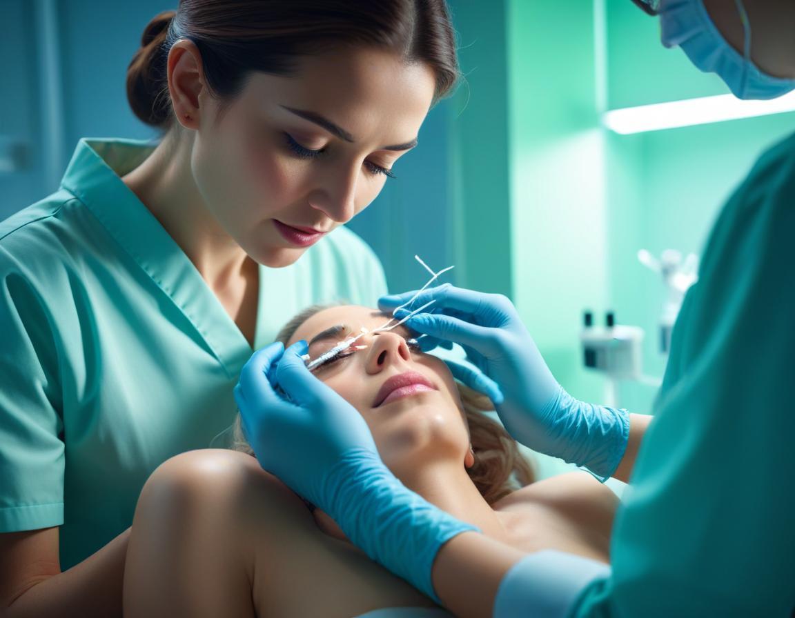 แพทย์ กำลัง ฉีด เธรด ก้างปลา Mint Lift ใบหน้า ผู้ รับการ รักษา เพื่อ กระชับ รูปหน้า